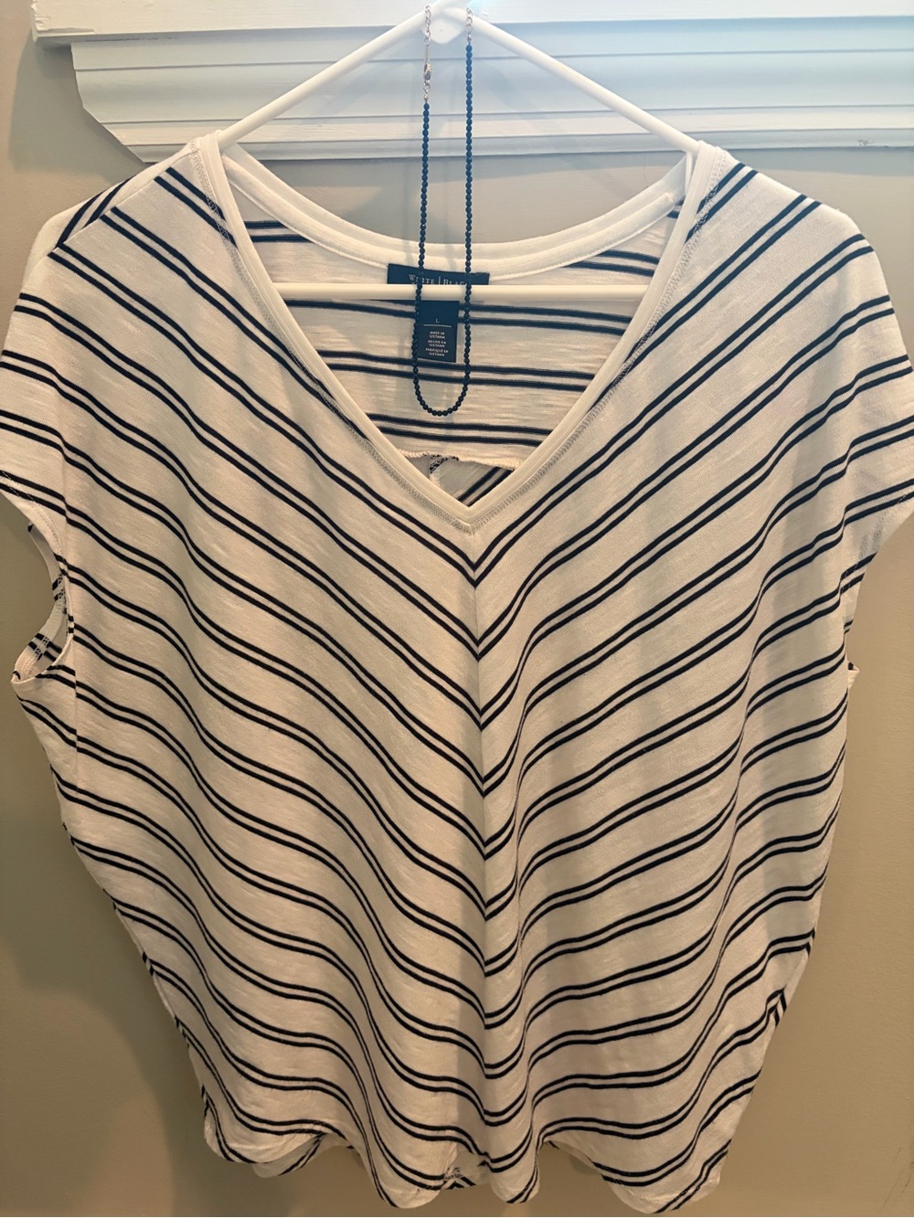 White House Black Market White and Black Striped V-Neck Tank